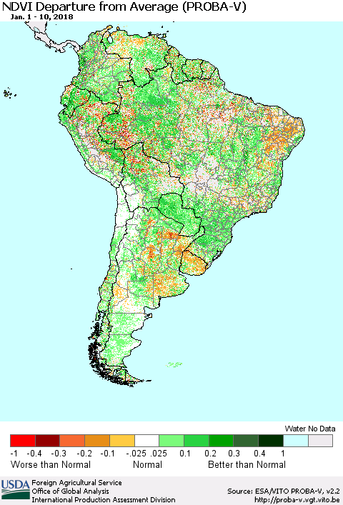 South America NDVI Departure from Average (PROBA-V) Thematic Map For 1/1/2018 - 1/10/2018