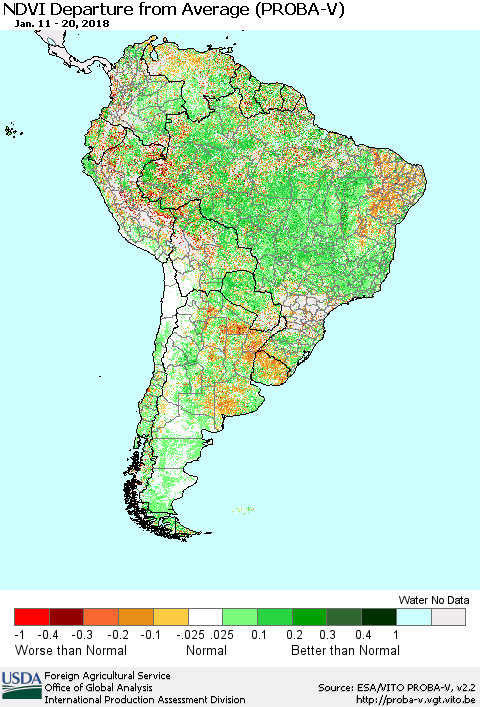 South America NDVI Departure from Average (PROBA-V) Thematic Map For 1/11/2018 - 1/20/2018