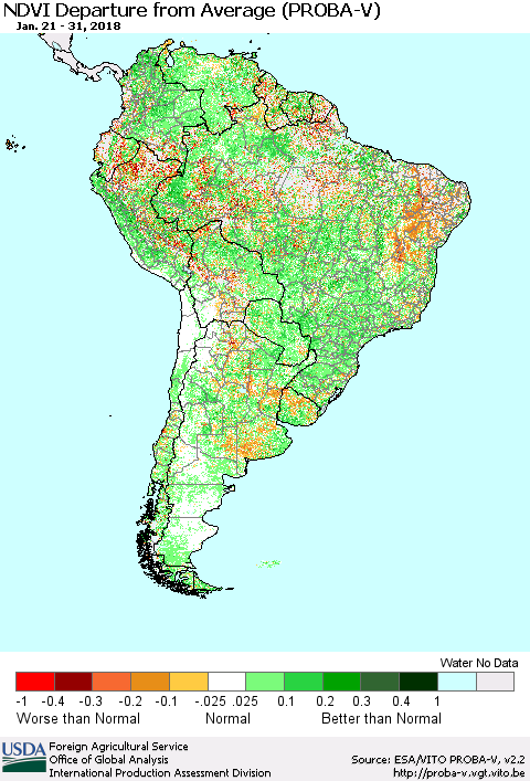 South America NDVI Departure from Average (PROBA-V) Thematic Map For 1/21/2018 - 1/31/2018