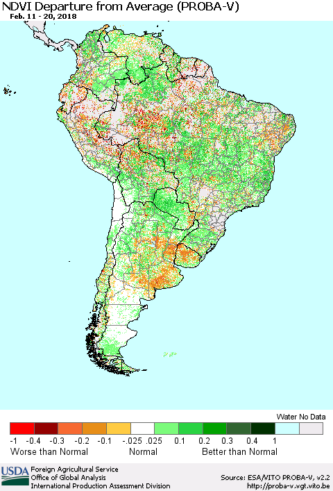 South America NDVI Departure from Average (PROBA-V) Thematic Map For 2/11/2018 - 2/20/2018