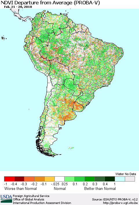 South America NDVI Departure from Average (PROBA-V) Thematic Map For 2/21/2018 - 2/28/2018