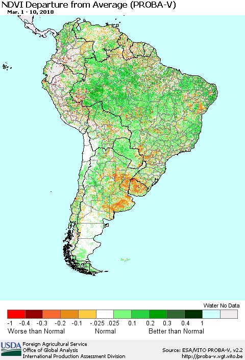 South America NDVI Departure from Average (PROBA-V) Thematic Map For 3/1/2018 - 3/10/2018