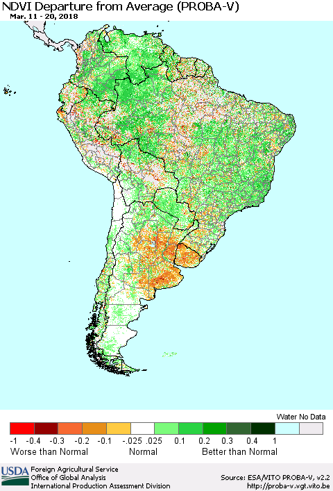South America NDVI Departure from Average (PROBA-V) Thematic Map For 3/11/2018 - 3/20/2018