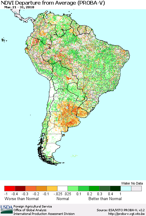 South America NDVI Departure from Average (PROBA-V) Thematic Map For 3/21/2018 - 3/31/2018