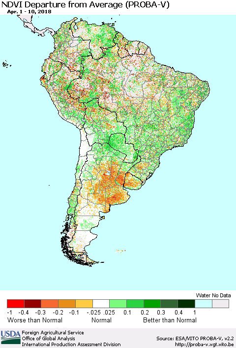 South America NDVI Departure from Average (PROBA-V) Thematic Map For 4/1/2018 - 4/10/2018