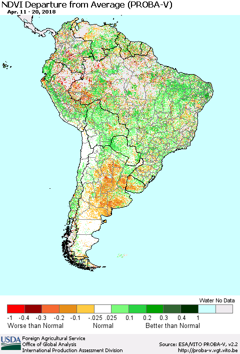 South America NDVI Departure from Average (PROBA-V) Thematic Map For 4/11/2018 - 4/20/2018