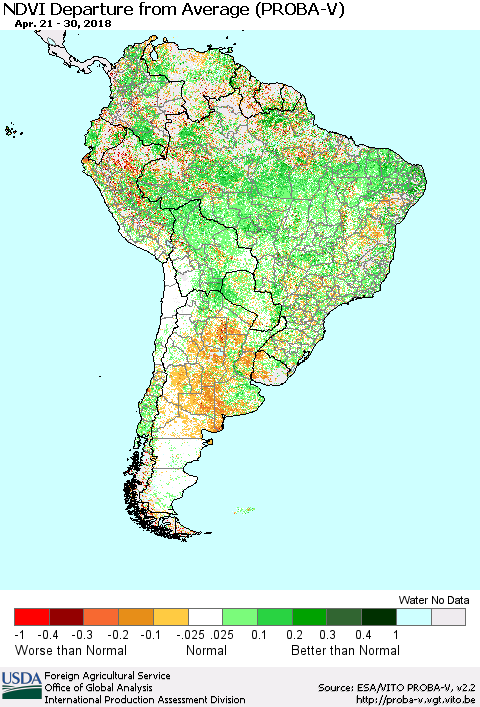South America NDVI Departure from Average (PROBA-V) Thematic Map For 4/21/2018 - 4/30/2018