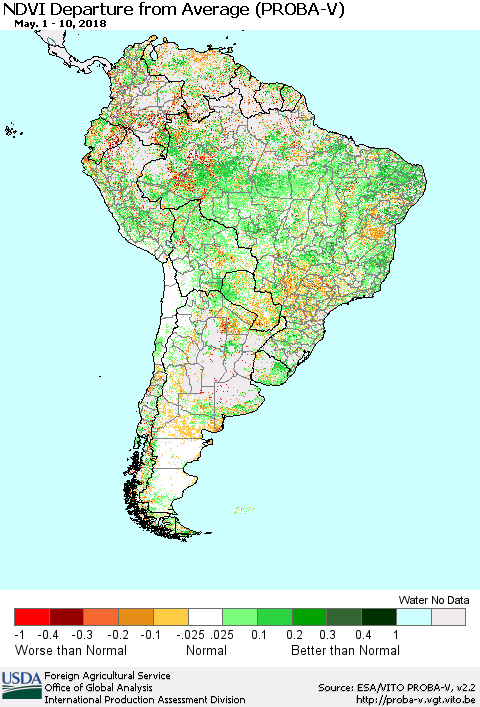 South America NDVI Departure from Average (PROBA-V) Thematic Map For 5/1/2018 - 5/10/2018