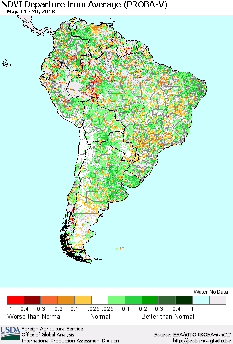South America NDVI Departure from Average (PROBA-V) Thematic Map For 5/11/2018 - 5/20/2018