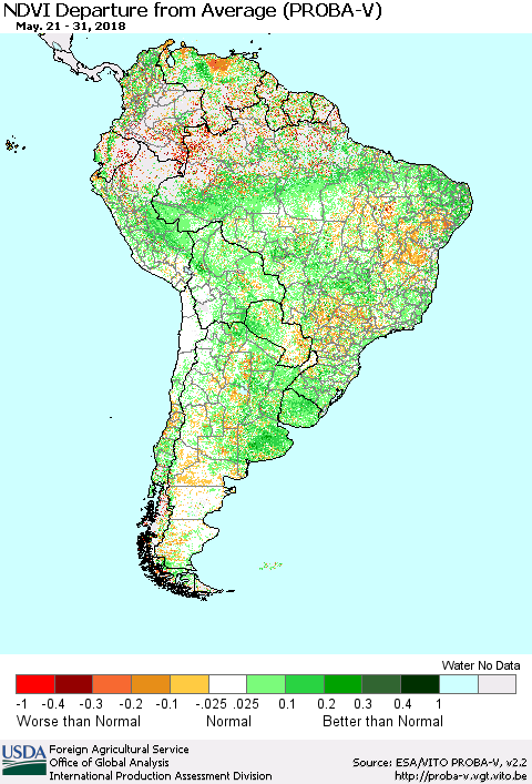 South America NDVI Departure from Average (PROBA-V) Thematic Map For 5/21/2018 - 5/31/2018