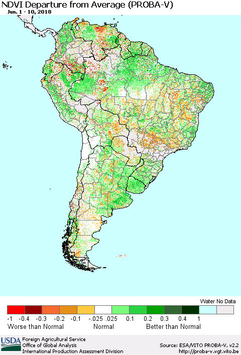 South America NDVI Departure from Average (PROBA-V) Thematic Map For 6/1/2018 - 6/10/2018