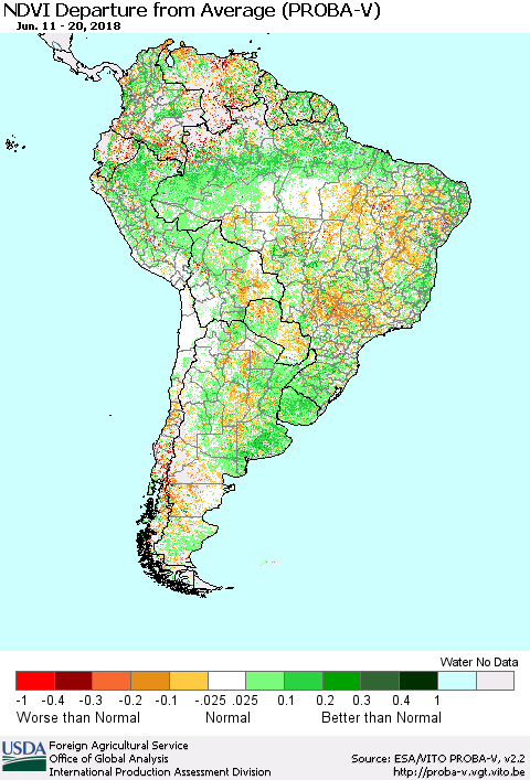 South America NDVI Departure from Average (PROBA-V) Thematic Map For 6/11/2018 - 6/20/2018