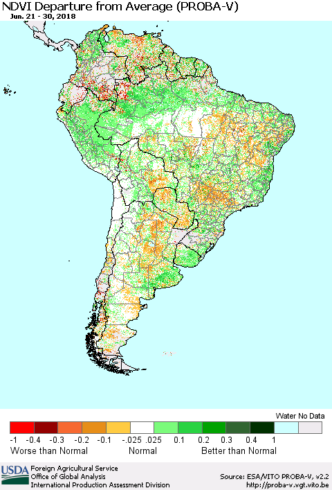 South America NDVI Departure from Average (PROBA-V) Thematic Map For 6/21/2018 - 6/30/2018