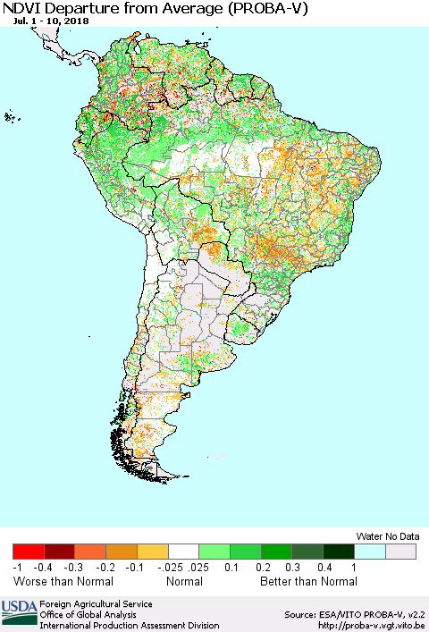 South America NDVI Departure from Average (PROBA-V) Thematic Map For 7/1/2018 - 7/10/2018