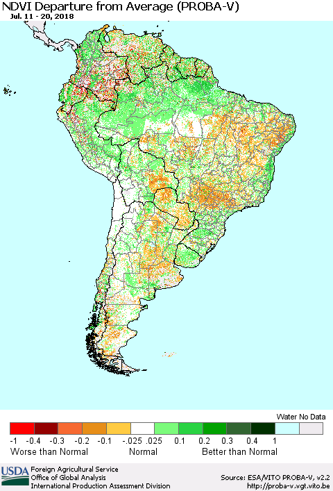 South America NDVI Departure from Average (PROBA-V) Thematic Map For 7/11/2018 - 7/20/2018