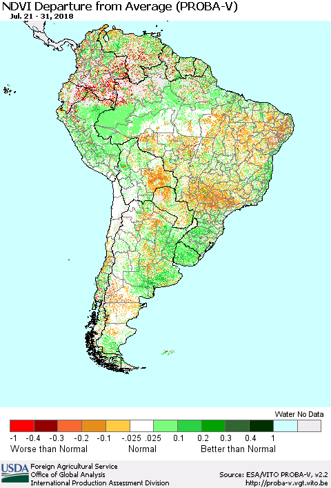 South America NDVI Departure from Average (PROBA-V) Thematic Map For 7/21/2018 - 7/31/2018