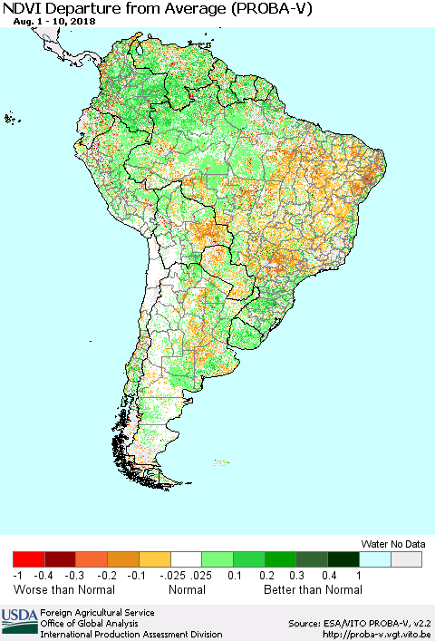 South America NDVI Departure from Average (PROBA-V) Thematic Map For 8/1/2018 - 8/10/2018