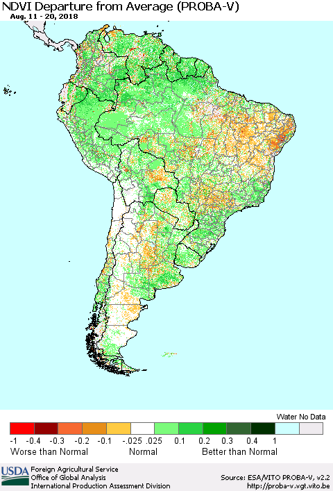 South America NDVI Departure from Average (PROBA-V) Thematic Map For 8/11/2018 - 8/20/2018