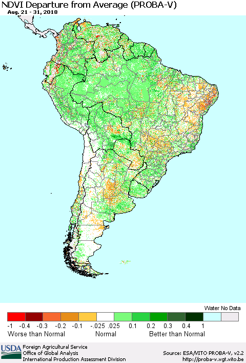 South America NDVI Departure from Average (PROBA-V) Thematic Map For 8/21/2018 - 8/31/2018