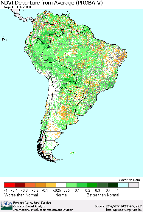 South America NDVI Departure from Average (PROBA-V) Thematic Map For 9/1/2018 - 9/10/2018