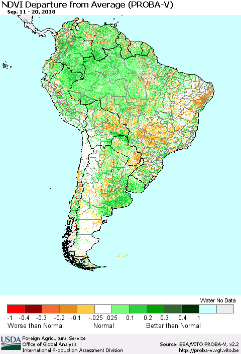 South America NDVI Departure from Average (PROBA-V) Thematic Map For 9/11/2018 - 9/20/2018