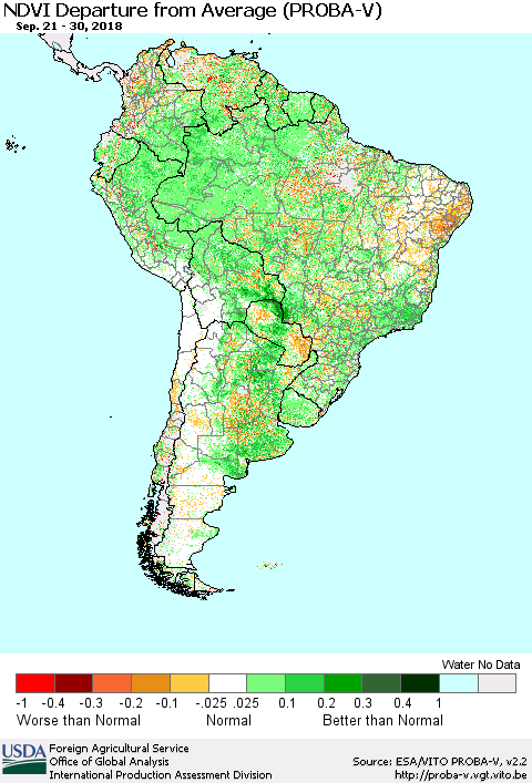 South America NDVI Departure from Average (PROBA-V) Thematic Map For 9/21/2018 - 9/30/2018