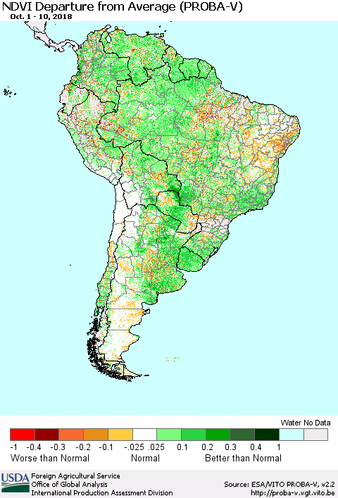 South America NDVI Departure from Average (PROBA-V) Thematic Map For 10/1/2018 - 10/10/2018