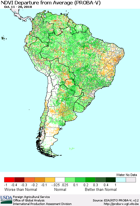 South America NDVI Departure from Average (PROBA-V) Thematic Map For 10/11/2018 - 10/20/2018