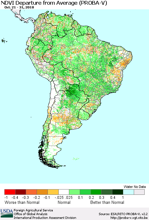 South America NDVI Departure from Average (PROBA-V) Thematic Map For 10/21/2018 - 10/31/2018