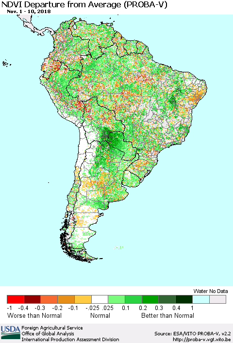 South America NDVI Departure from Average (PROBA-V) Thematic Map For 11/1/2018 - 11/10/2018