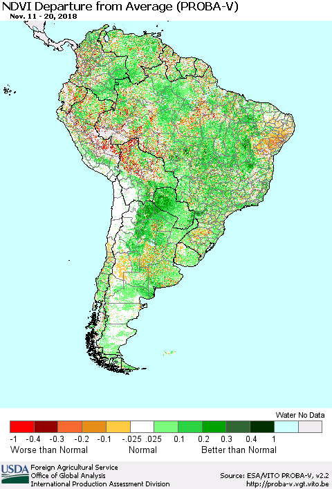 South America NDVI Departure from Average (PROBA-V) Thematic Map For 11/11/2018 - 11/20/2018