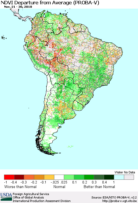 South America NDVI Departure from Average (PROBA-V) Thematic Map For 11/21/2018 - 11/30/2018