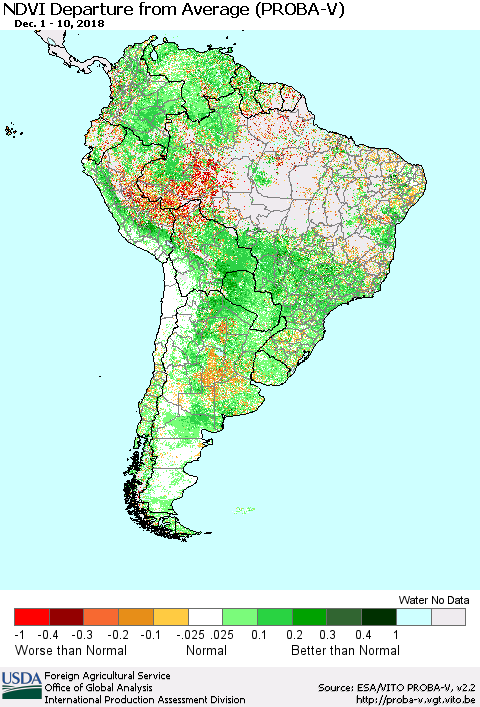 South America NDVI Departure from Average (PROBA-V) Thematic Map For 12/1/2018 - 12/10/2018