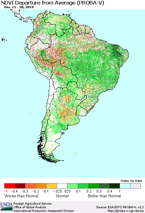 South America NDVI Departure from Average (PROBA-V) Thematic Map For 12/11/2018 - 12/20/2018
