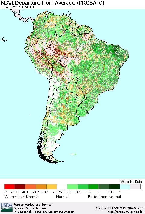 South America NDVI Departure from Average (PROBA-V) Thematic Map For 12/21/2018 - 12/31/2018