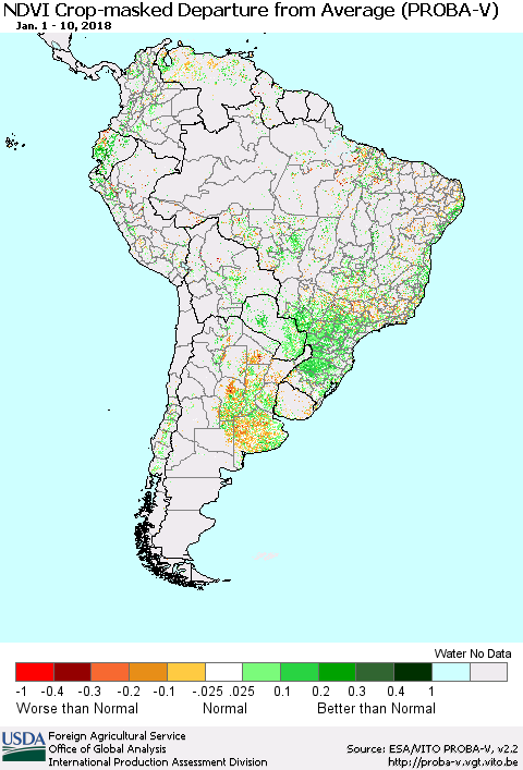 South America NDVI Crop-masked Departure from Average (PROBA-V) Thematic Map For 1/1/2018 - 1/10/2018