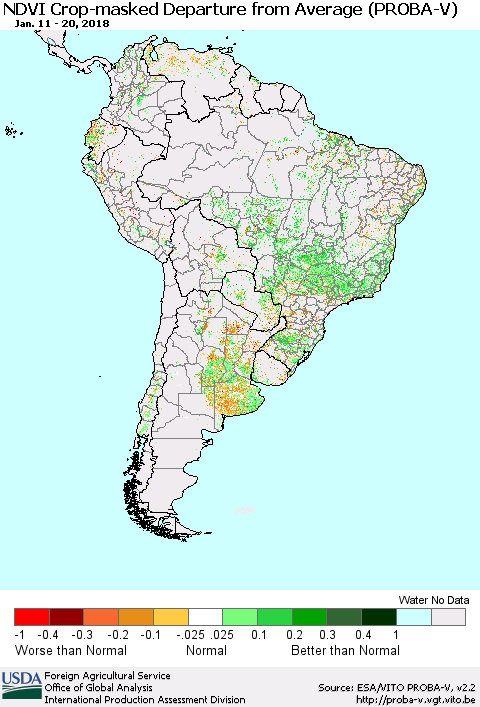 South America NDVI Crop-masked Departure from Average (PROBA-V) Thematic Map For 1/11/2018 - 1/20/2018