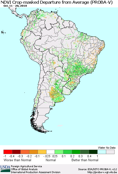 South America NDVI Crop-masked Departure from Average (PROBA-V) Thematic Map For 10/11/2018 - 10/20/2018