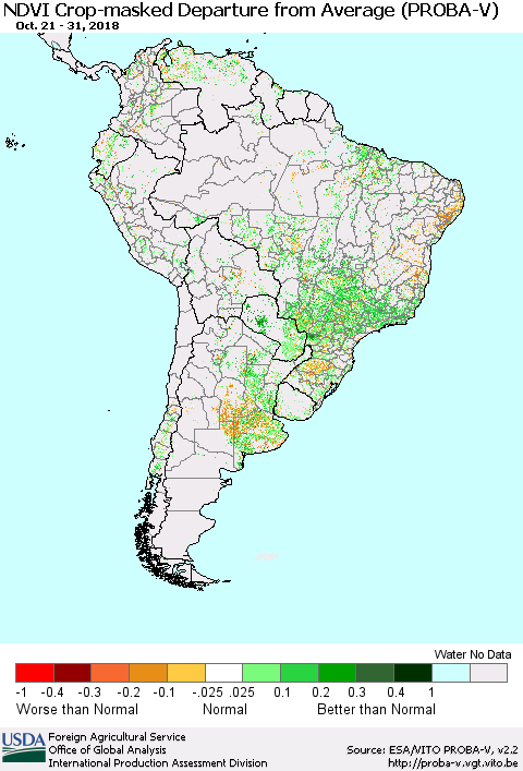 South America NDVI Crop-masked Departure from Average (PROBA-V) Thematic Map For 10/21/2018 - 10/31/2018