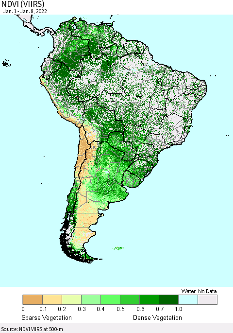 South America NDVI (VIIRS) Thematic Map For 1/1/2022 - 1/8/2022