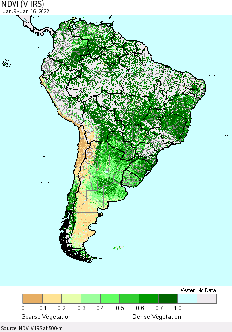 South America NDVI (VIIRS) Thematic Map For 1/9/2022 - 1/16/2022