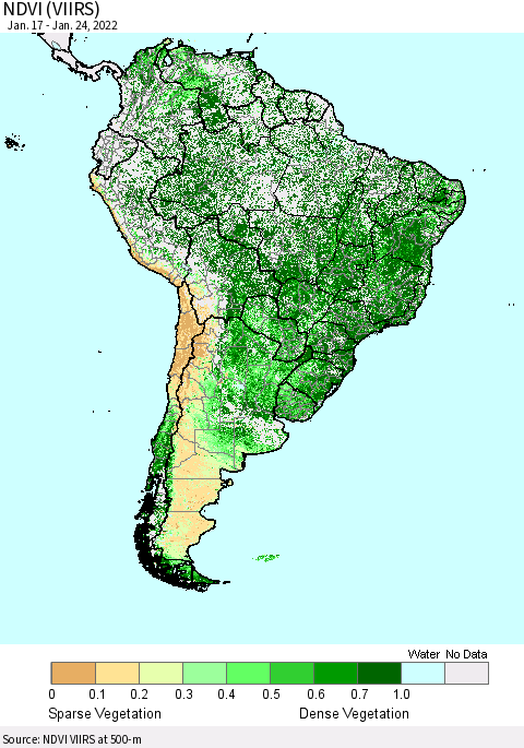 South America NDVI (VIIRS) Thematic Map For 1/17/2022 - 1/24/2022