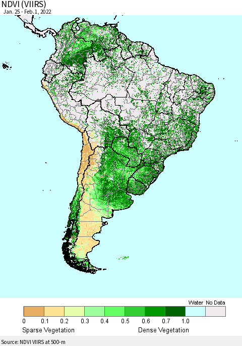 South America NDVI (VIIRS) Thematic Map For 1/25/2022 - 2/1/2022