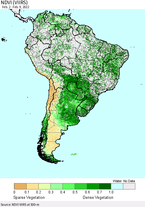 South America NDVI (VIIRS) Thematic Map For 2/2/2022 - 2/9/2022