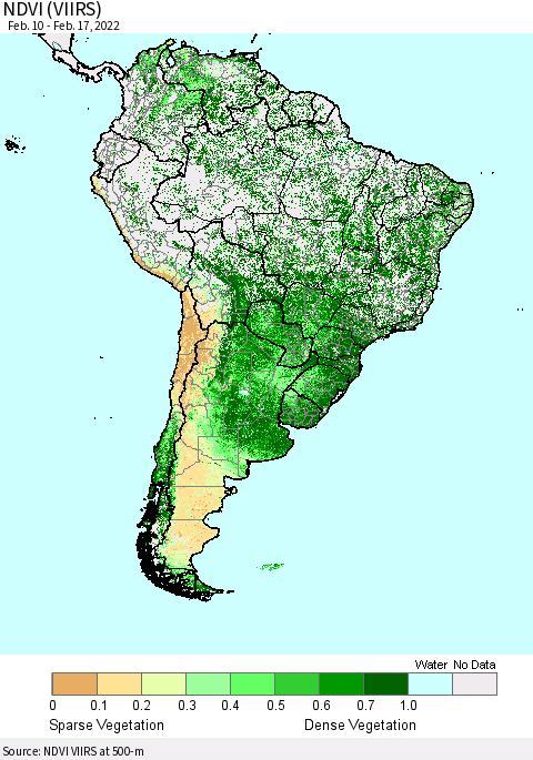 South America NDVI (VIIRS) Thematic Map For 2/10/2022 - 2/17/2022