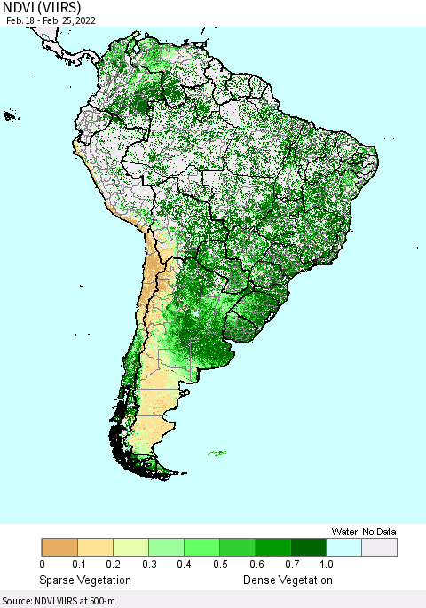 South America NDVI (VIIRS) Thematic Map For 2/18/2022 - 2/25/2022