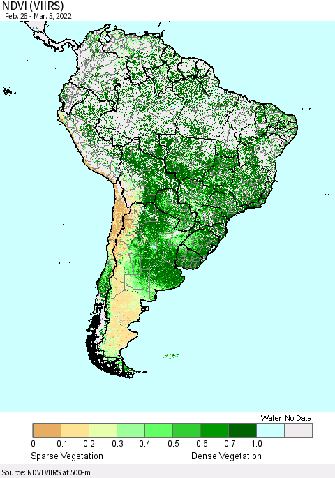 South America NDVI (VIIRS) Thematic Map For 2/26/2022 - 3/5/2022