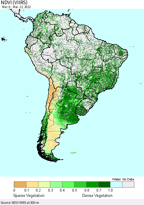 South America NDVI (VIIRS) Thematic Map For 3/6/2022 - 3/13/2022