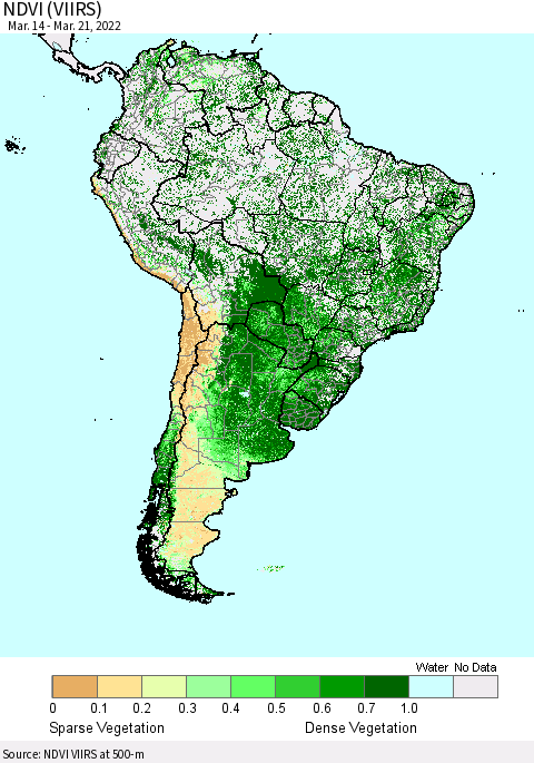 South America NDVI (VIIRS) Thematic Map For 3/14/2022 - 3/21/2022