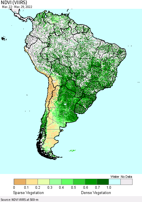 South America NDVI (VIIRS) Thematic Map For 3/22/2022 - 3/29/2022